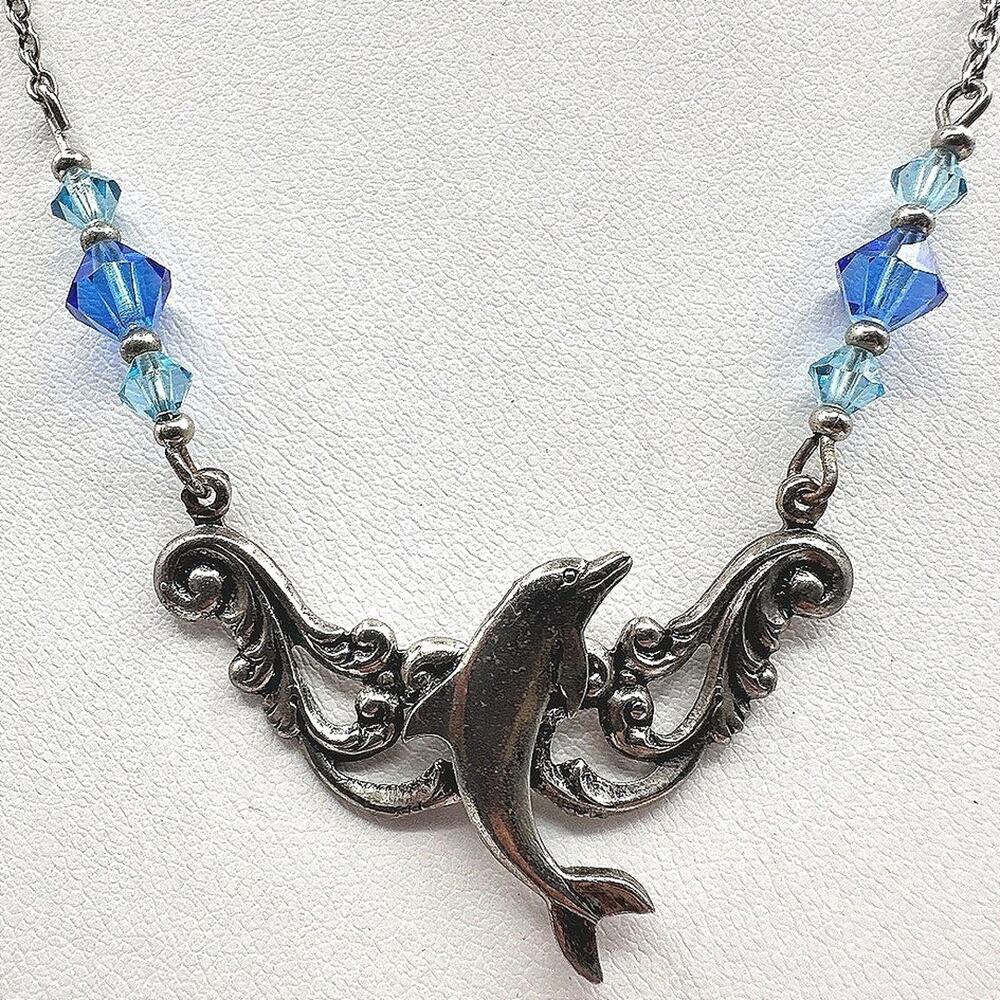 Vintage 90s Dolphin Pendant Necklace Silver Tone Blue Crystal Beaded Ocean Boho